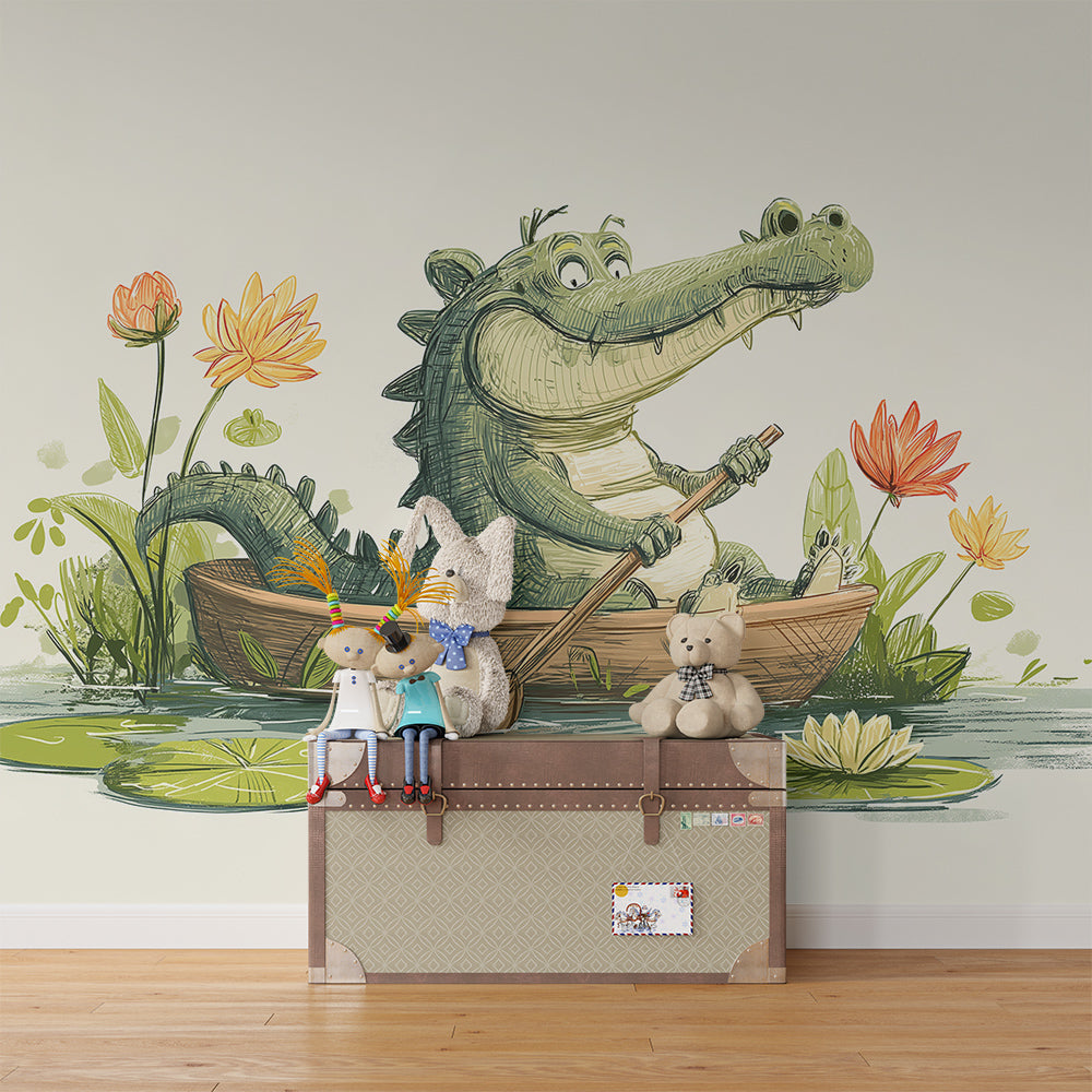 Kids-Mundo crocodile and lily pond wall mural bringing colour to a playroom corner.