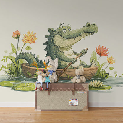 Kids-Mundo crocodile and lily pond wall mural bringing colour to a playroom corner.