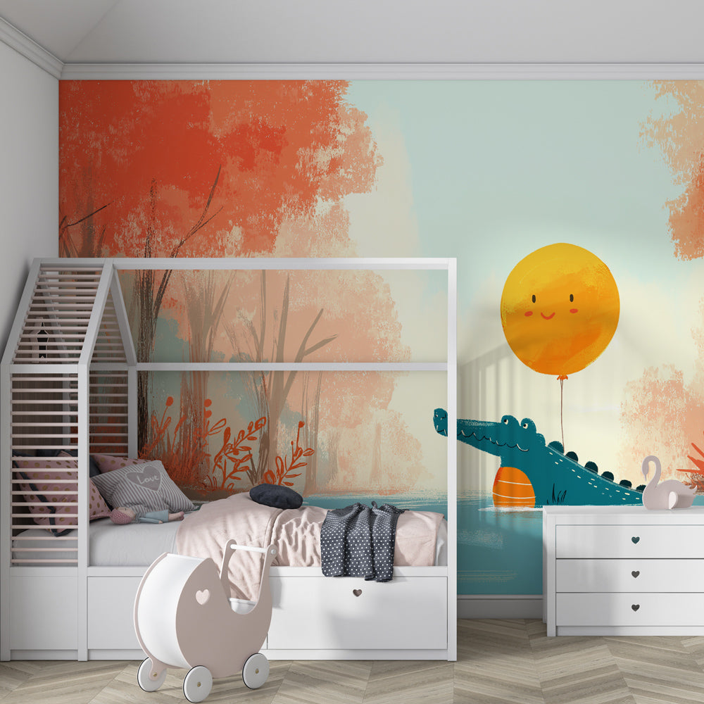 Cheerful crocodile with sun balloon mural wallpaper creating playful children's bedroom atmosphere