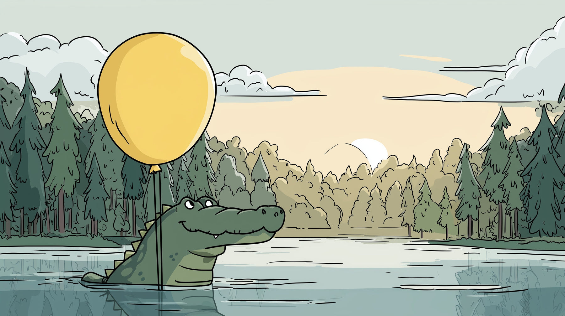 Detailed crocodile and yellow balloon mural wallpaper design pattern by Kids-Mundo