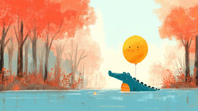 Detailed crocodile with sun balloon mural wallpaper design pattern showing autumn lake scene by Kids-Mundo