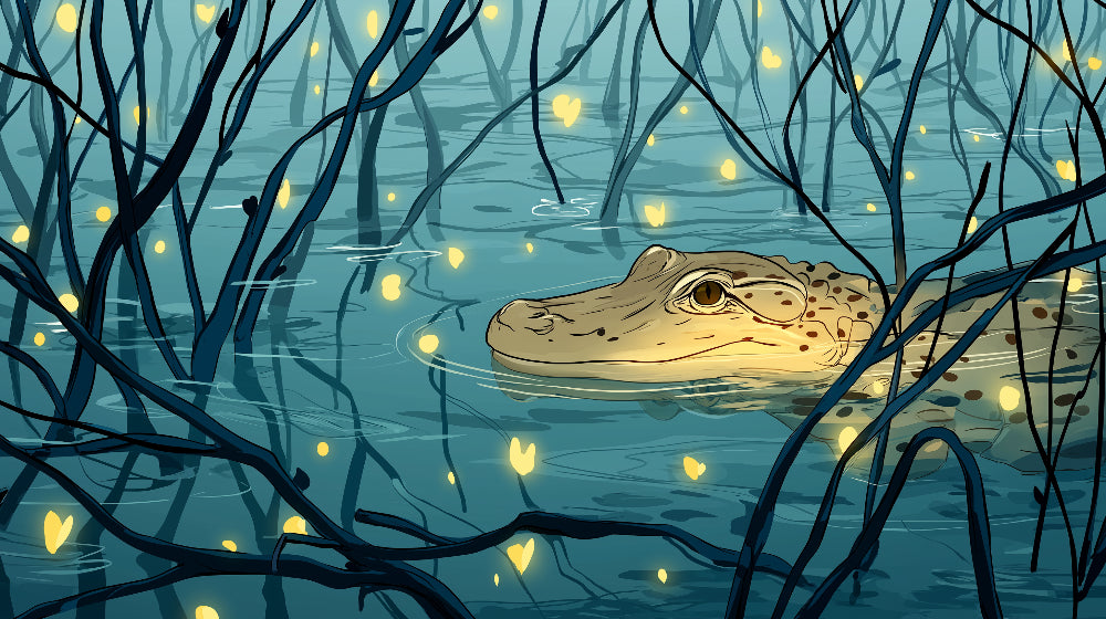 Detailed crocodile and fireflies aquatic mural wallpaper design pattern by Kids-Mundo