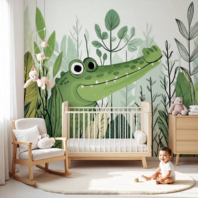Friendly crocodile mural wallpaper creating tropical jungle atmosphere in modern nursery by Kids-Mundo