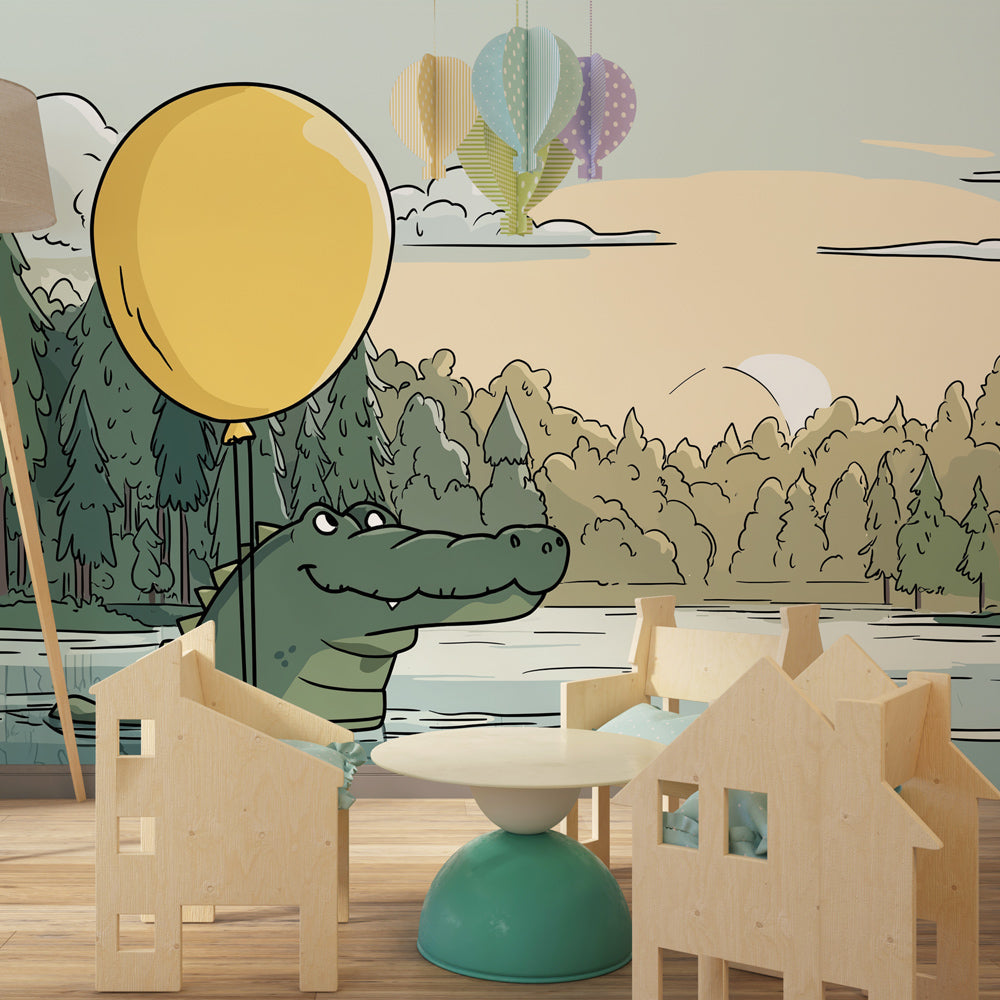 Smiling crocodile wallpaper creating playful woodland decor in children's bedroom