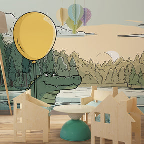 Smiling crocodile wallpaper creating playful woodland decor in children's bedroom