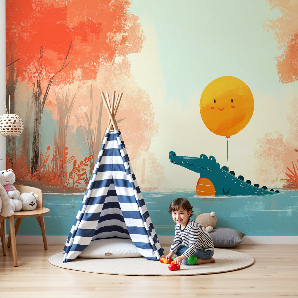 Happy crocodile mural wallpaper decorating bright kids nursery with natural wood furniture by Kids-Mundo