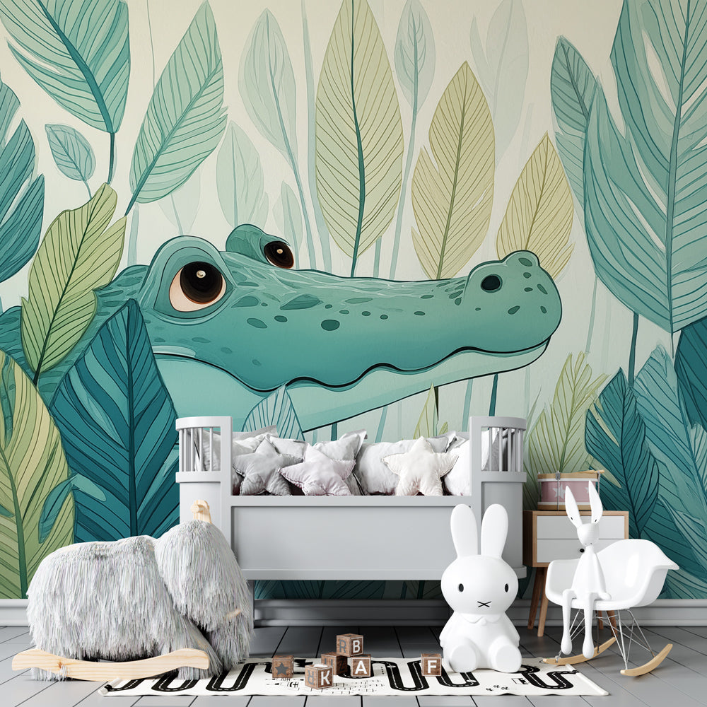 Jungle theme crocodile wallpaper transforming kids playroom into nature adventure space