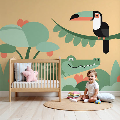 Kids-Mundo crocodile and toucan wall mural styled in a nursery with cot and playful mint decor.