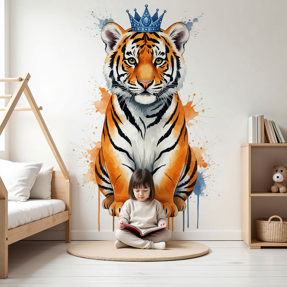 Kids-Mundo crowned tiger cub watercolour wall mural in a soft, artistic nursery room