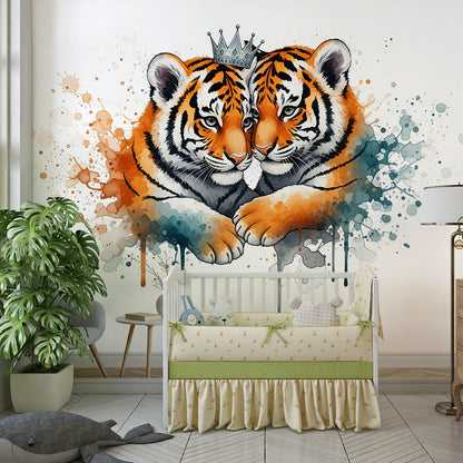 Kids-Mundo tiger cub wall mural with crown detail styled in a bright children's bedroom setting
