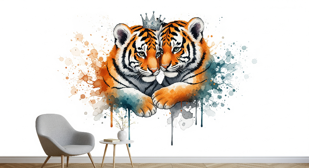 Kids-Mundo watercolour artwork of two crowned tiger cubs with orange and teal paint splash details