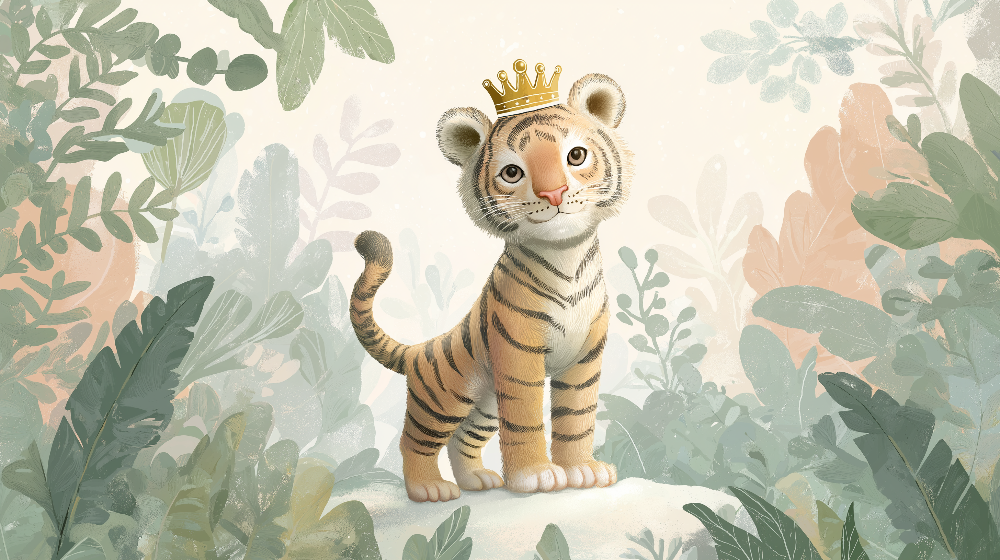 Kids-Mundo flat artwork of a crowned tiger cub standing among soft jungle leaves.