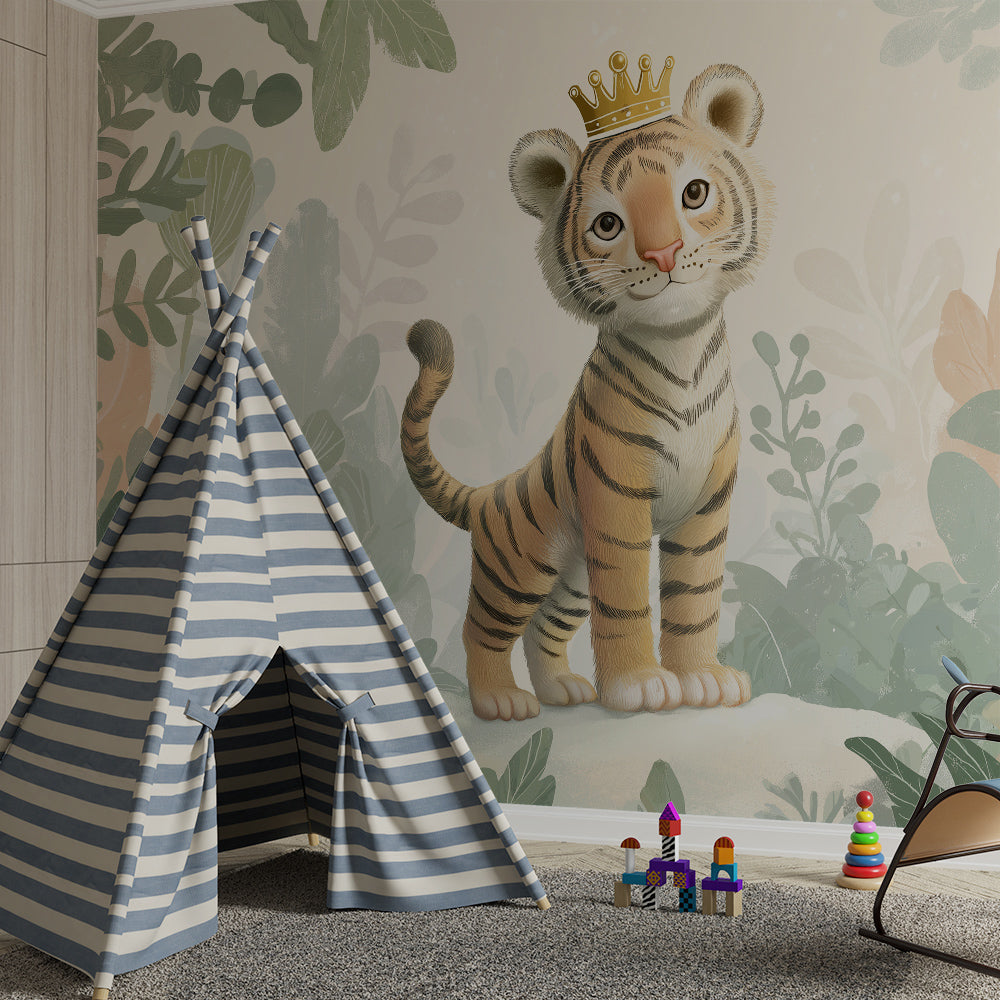 Kids-Mundo crowned tiger cub wall mural adding a playful jungle scene to a playroom.