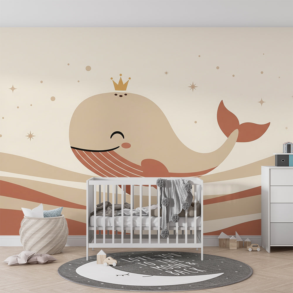 Kids-Mundo crowned whale wall mural covering a feature wall in a cheerful children's bedroom.