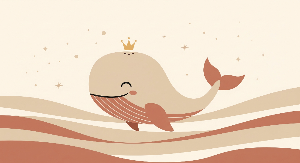 Kids-Mundo flat artwork of a smiling whale wearing a gold crown above soft terracotta waves.