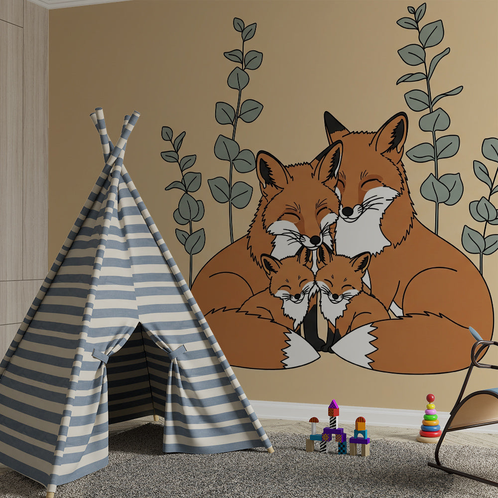 Kids-Mundo fox family wallpaper mural in a cosy children's bedroom setting