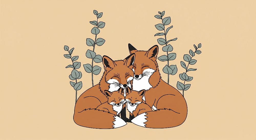 Cuddling Fox Family with Eucalyptus Wall Mural