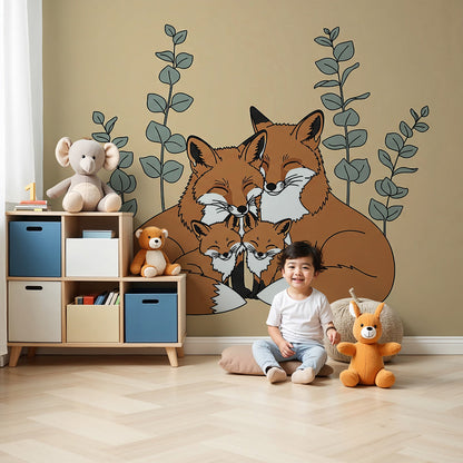 Kids-Mundo cuddling fox family wall mural styled in a warm, calm nursery room