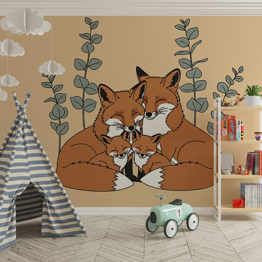 Kids-Mundo cuddling fox family mural adding warmth to a kids playroom wall