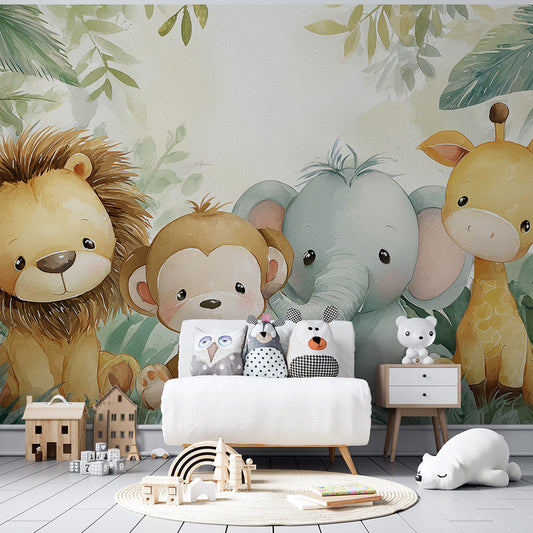 Kids-Mundo watercolour jungle animal mural on a feature wall in a child's bedroom.