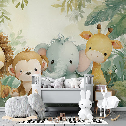 Kids-Mundo jungle friends mural brightening a playroom wall beside a reading corner.