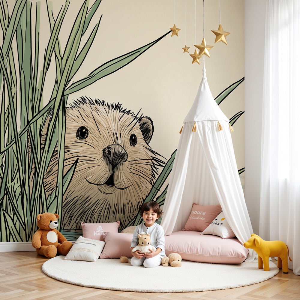 Curious beaver mural wallpaper creating serene waterside atmosphere in modern nursery by Kids-Mundo
