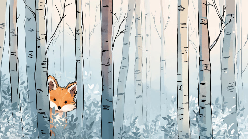 Detailed curious fox winter forest mural wallpaper design pattern by Kids-Mundo