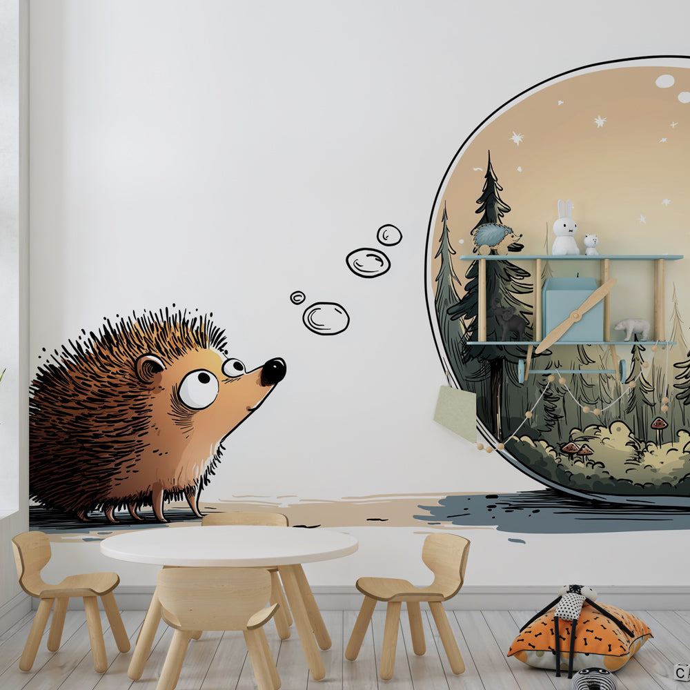 Kids-Mundo hedgehog wall mural bringing a dreamy forest bubble scene to a child's bedroom