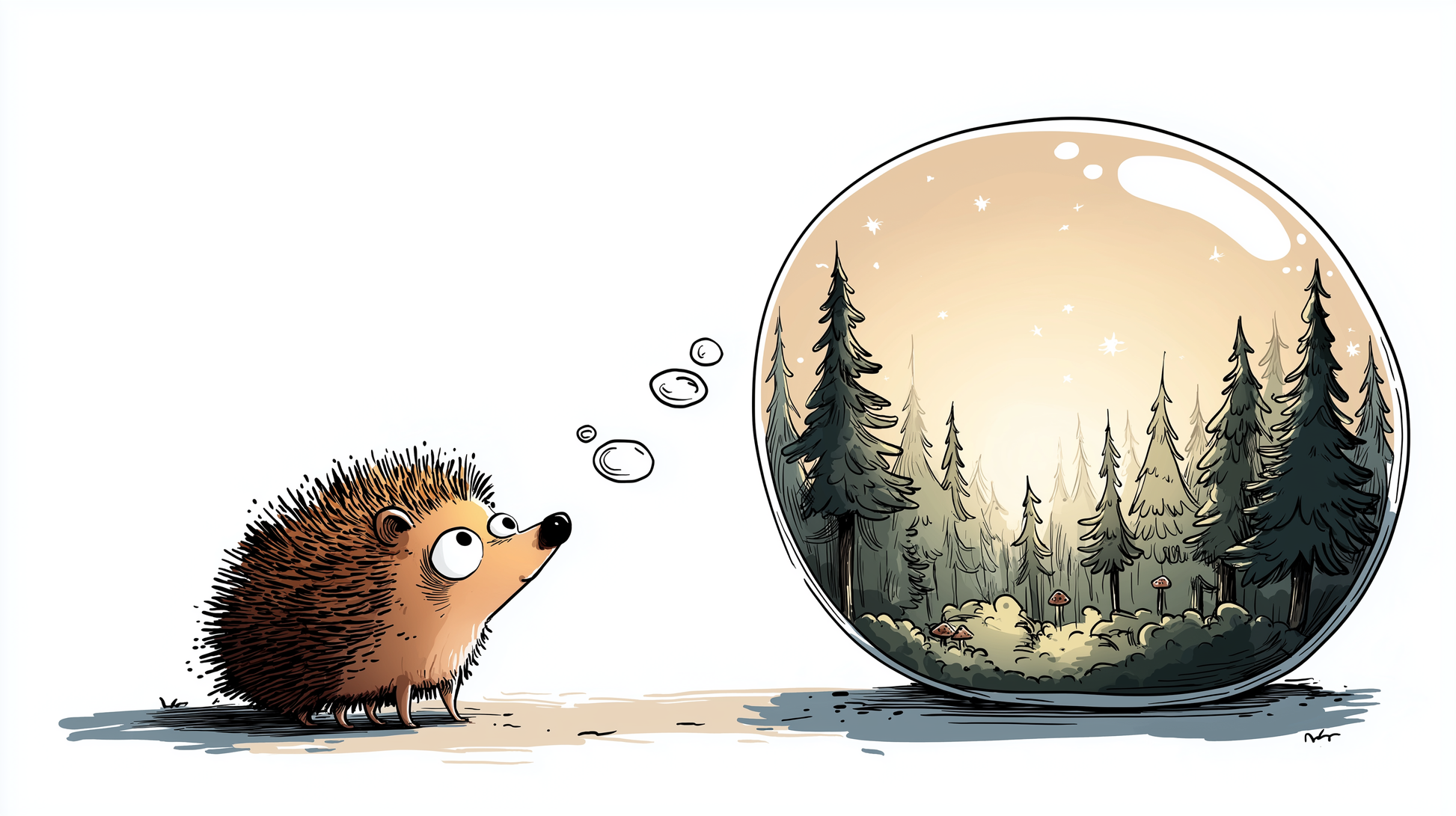 Kids-Mundo flat artwork of a curious hedgehog gazing at a glowing forest bubble illustration
