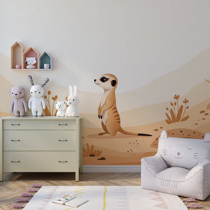 Kids-Mundo meerkat desert wall mural behind a single bed in a calm kids bedroom.
