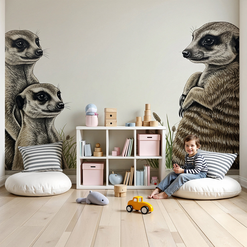 Kids-Mundo meerkat family wall mural in a warm, nature-themed nursery with cot