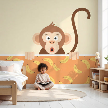 Kids-Mundo monkey wall mural with a banana pattern in a bright, cheerful baby nursery.