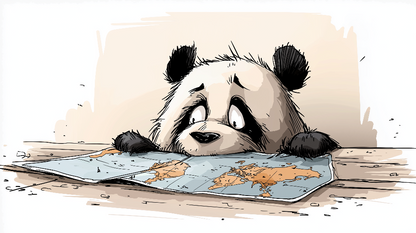 Kids-Mundo flat artwork of a curious panda peeking over a hand-drawn world map