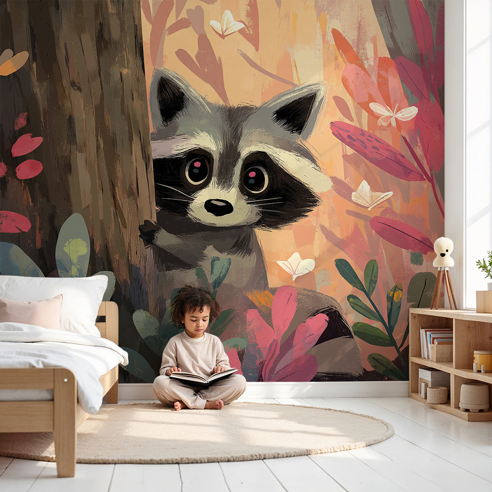Kids-Mundo raccoon forest wall mural made to measure and installed on a nursery feature wall