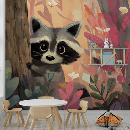 Kids-Mundo woodland raccoon wall mural fitted along a playful children's playroom wall