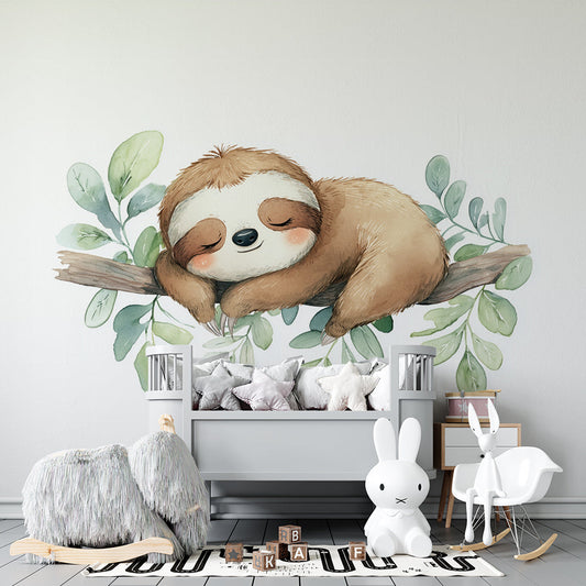 Curled-up sloth wall mural by Kids-Mundo made to measure and hung above a bed in a cosy kids bedroom.