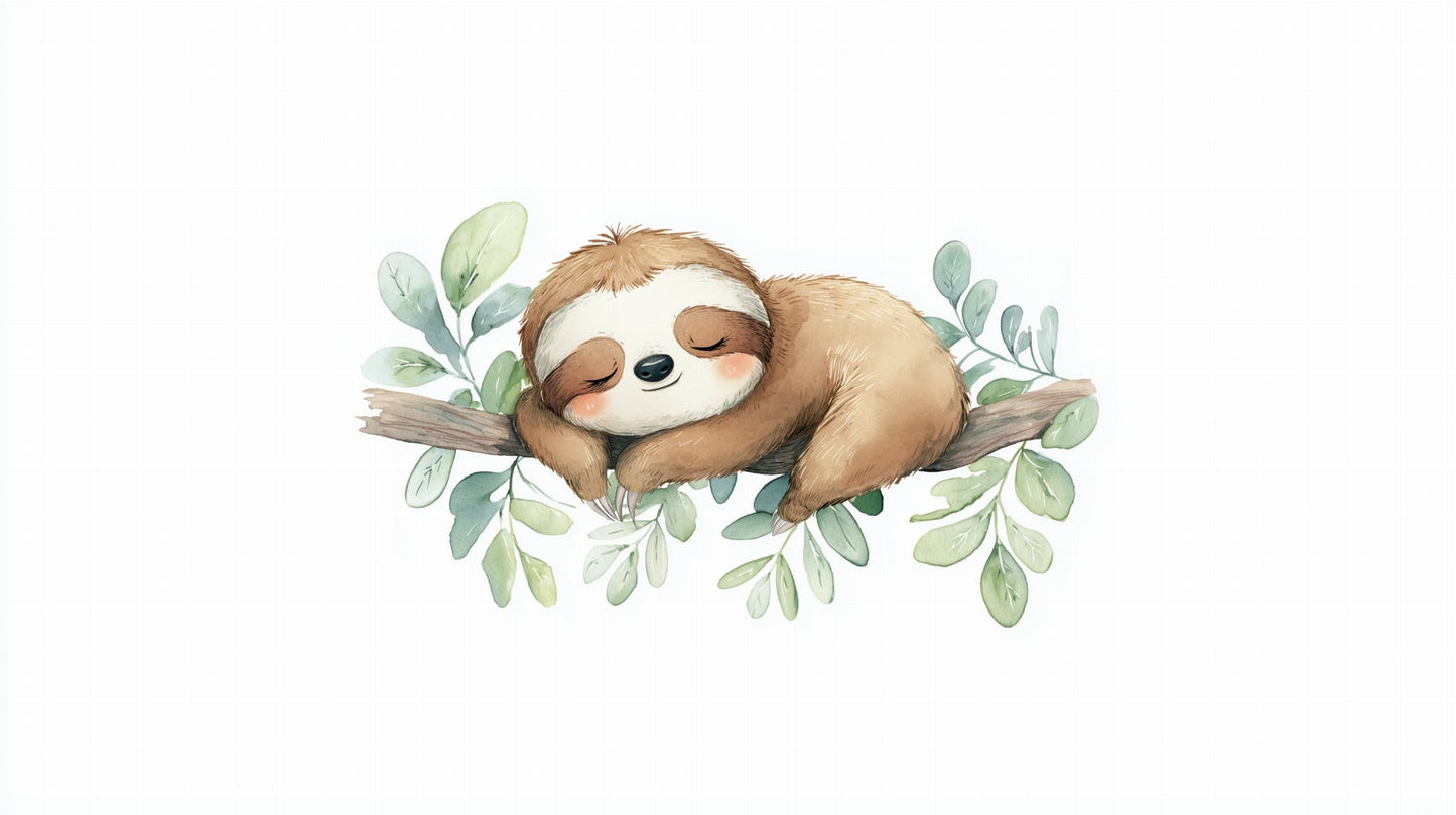 Flat watercolour artwork of the Kids-Mundo curled-up sloth wall mural design with green leaf accents.