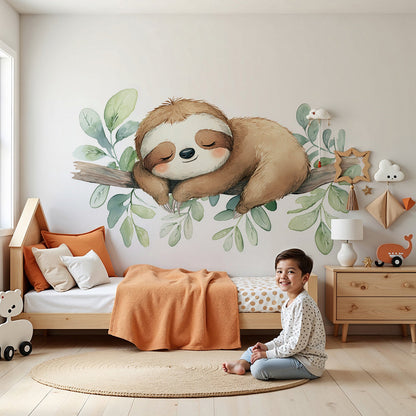 Kids-Mundo curled-up sloth wall mural styled in a calm green nursery with soft watercolour leaf details.