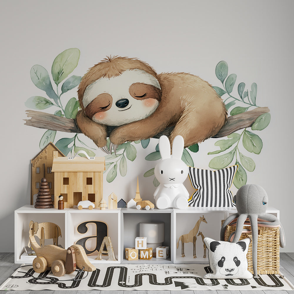 Kids-Mundo sloth wall mural bringing a gentle, sleepy scene to a bright children's playroom wall.