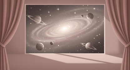 Kids-Mundo flat artwork of a spiral galaxy with ringed planets framed by soft grey curtains