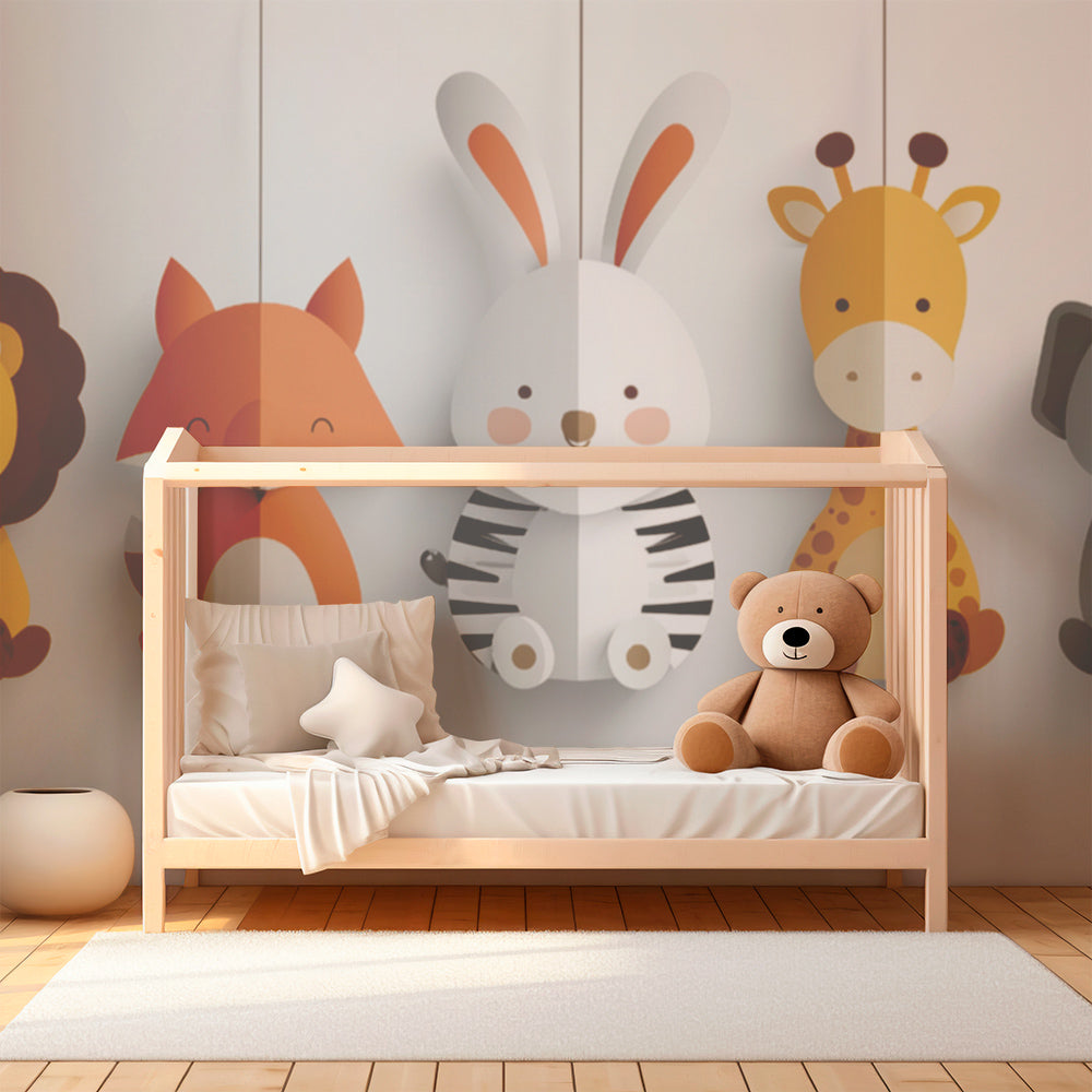 Safari animals wallpaper creating playful kids bedroom atmosphere with hanging creatures