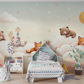 Adorable cloud animals wallpaper creating peaceful atmosphere in children's bedroom