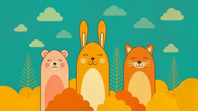 Detailed cute animals mural wallpaper design pattern showing smiling creatures and clouds by Kids-Mundo