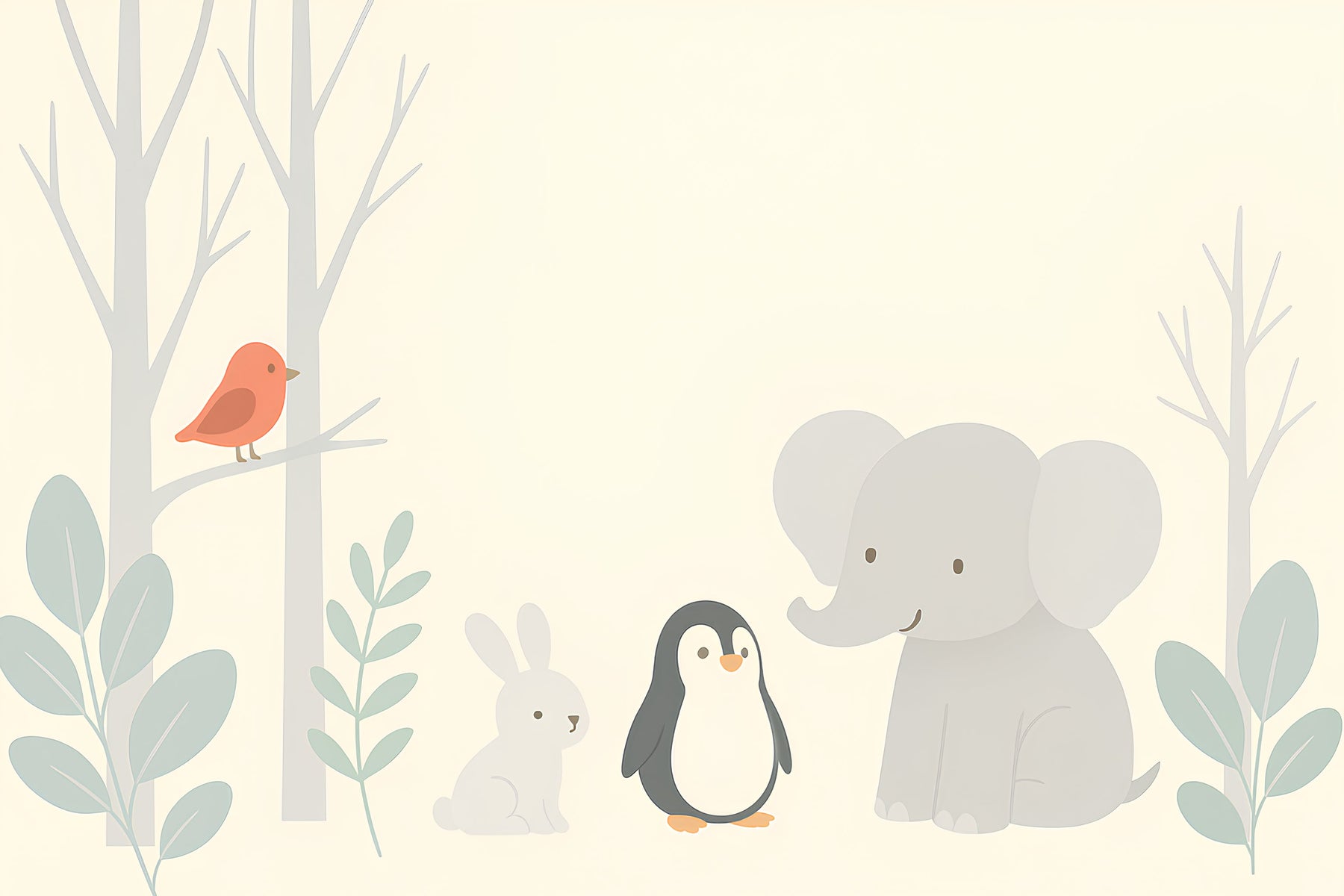 Detailed cute animals mural wallpaper design pattern featuring elephant, penguin and rabbit by Kids-Mundo