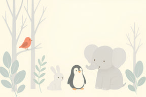 Detailed cute animals mural wallpaper design pattern featuring elephant, penguin and rabbit by Kids-Mundo