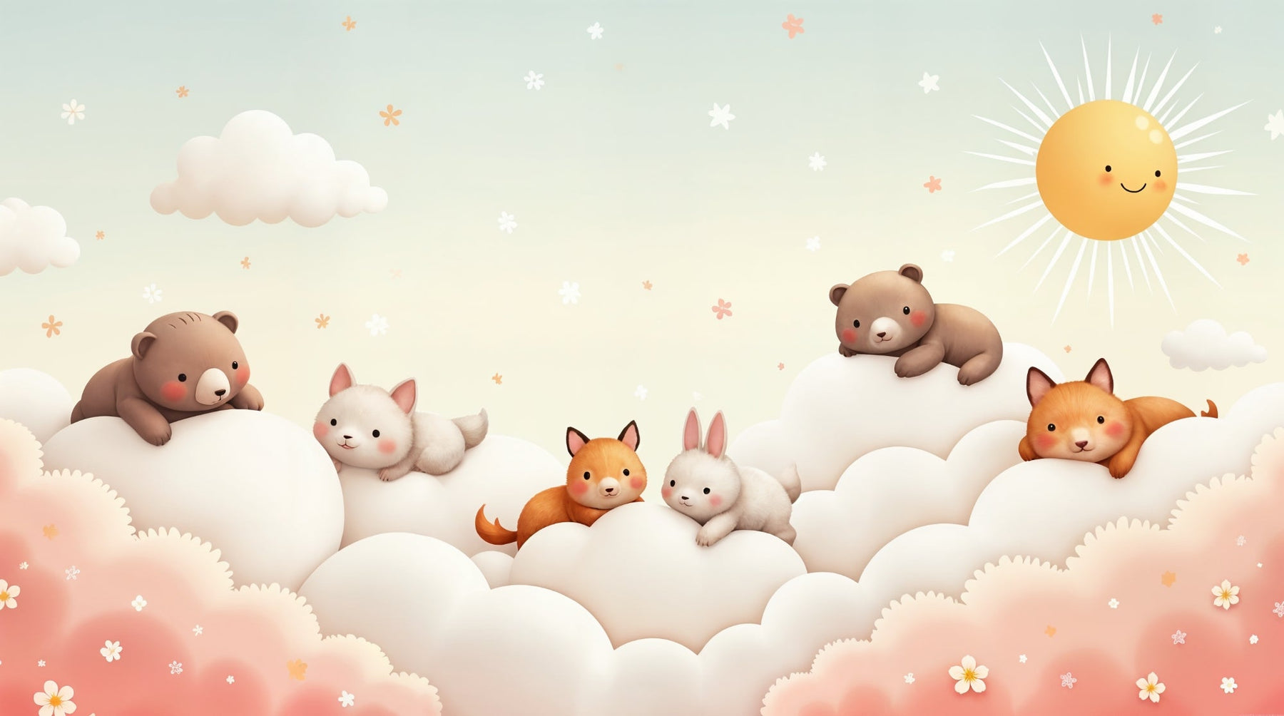 Detailed cute animals on clouds mural wallpaper design pattern with sun by Kids-Mundo