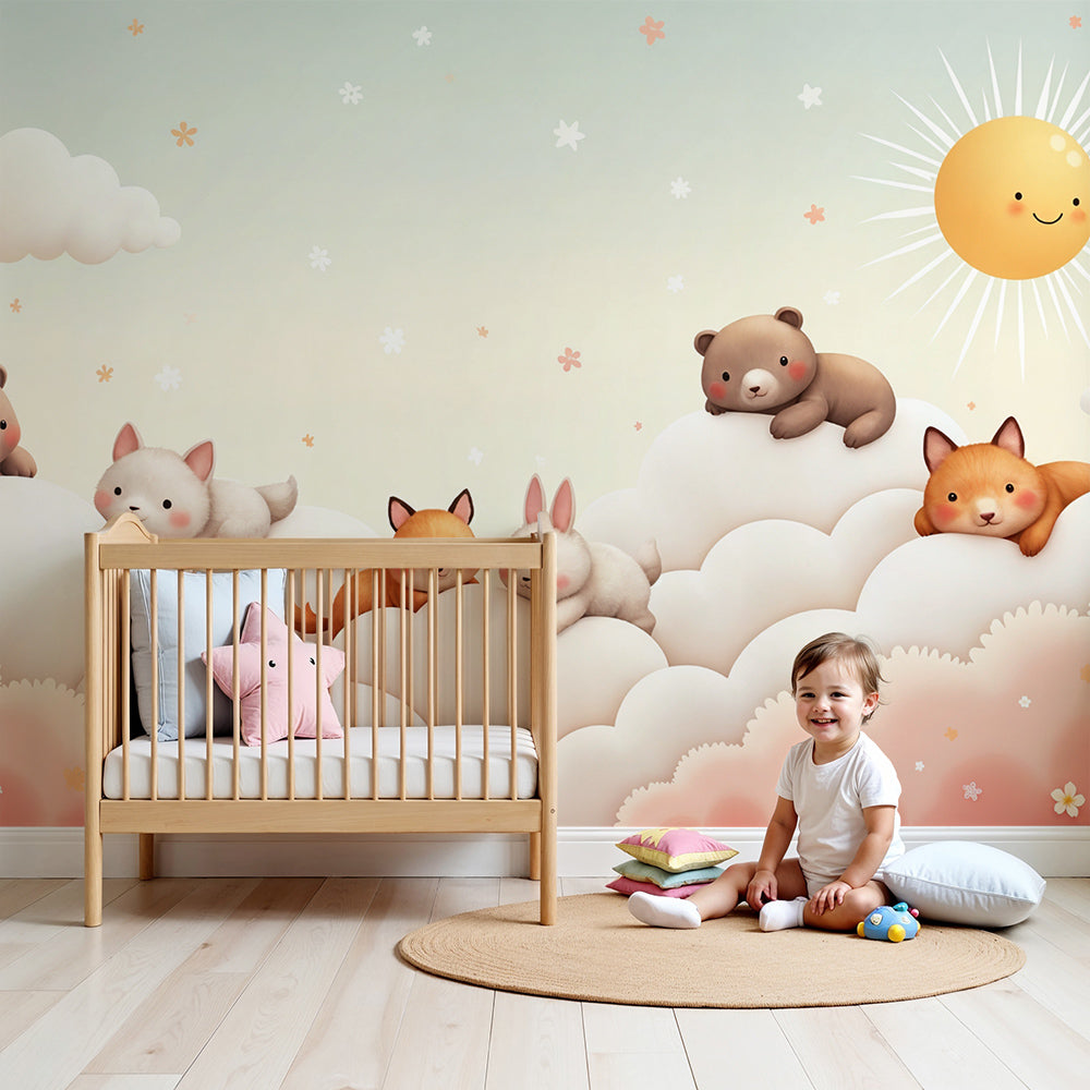 Cute animals mural wallpaper with clouds and sun in modern nursery room by Kids-Mundo