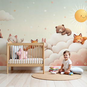 Cute animals mural wallpaper with clouds and sun in modern nursery room by Kids-Mundo