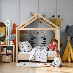 Cute hanging animals mural wallpaper in modern nursery with soft lighting by Kids-Mundo