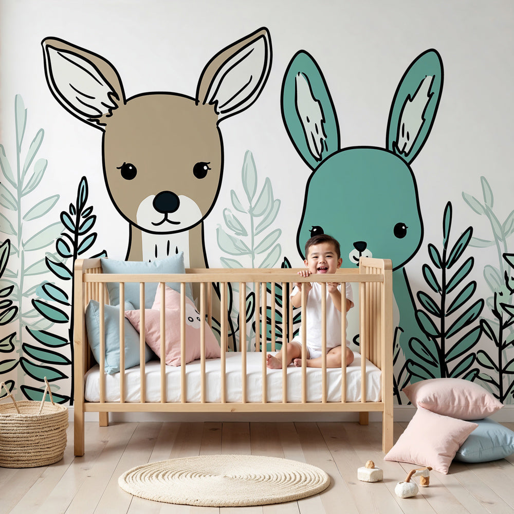Cute animals mural wallpaper featuring deer and rabbit in peaceful nursery setting by Kids-Mundo